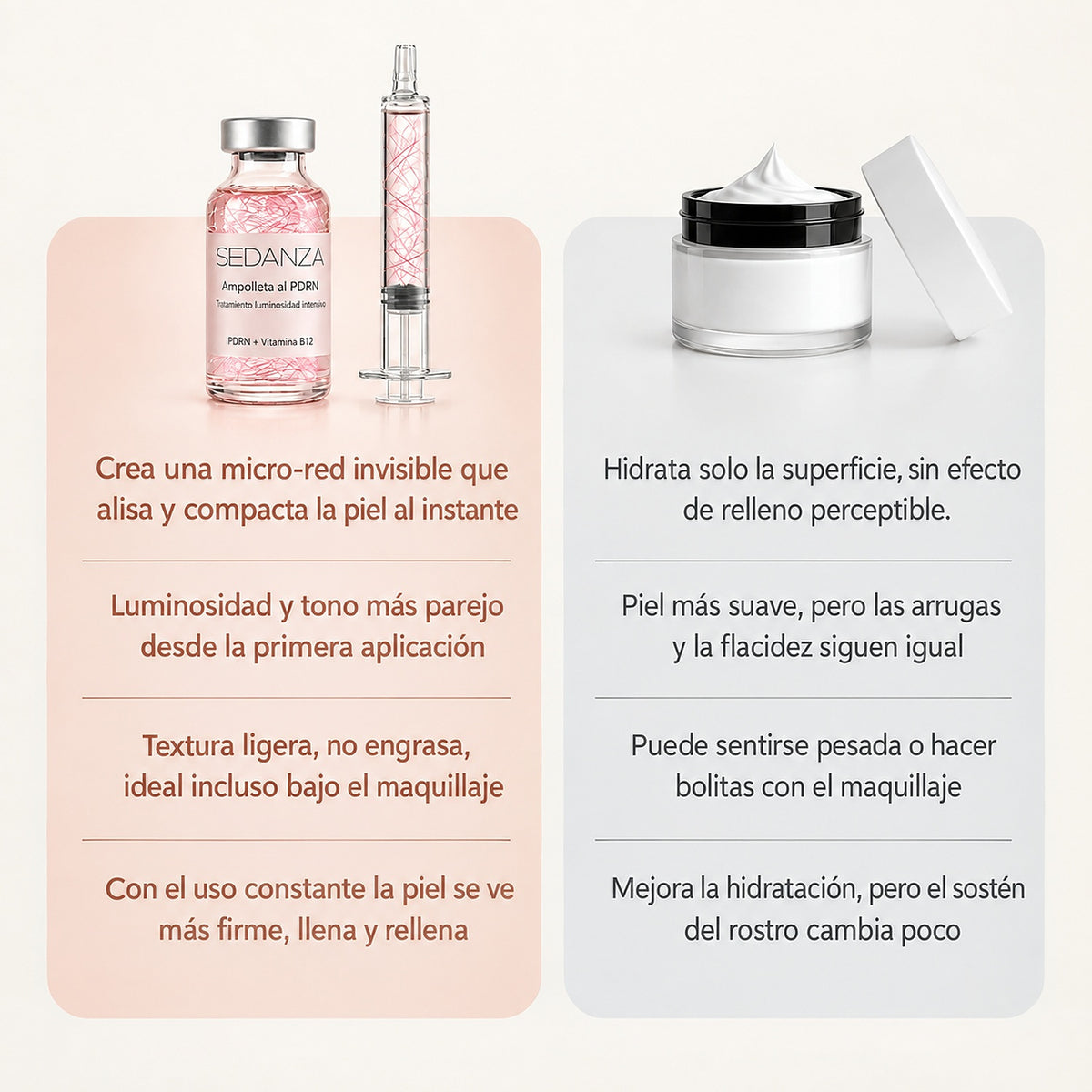 Ampolleta al PDRN comparada con una crema facial convencional